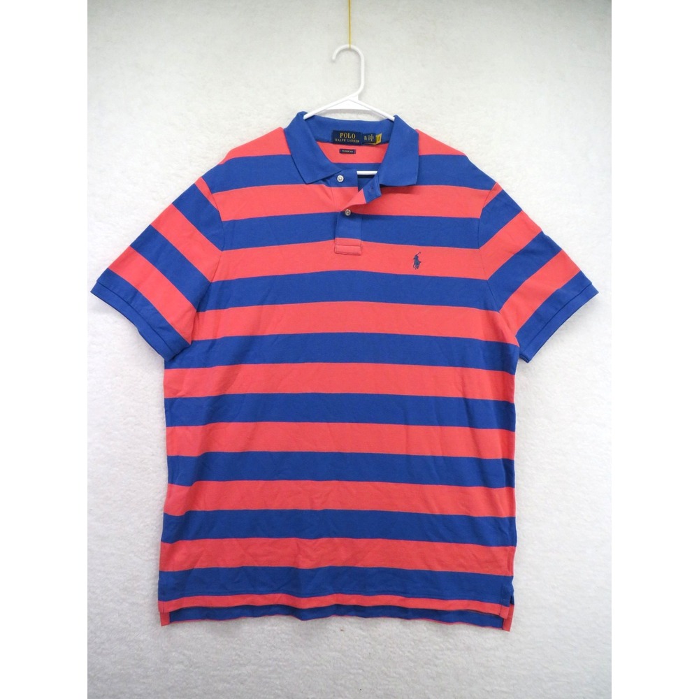 Polo Ralph Lauren Polo Shirt Mens XL Blue Pink Classic Fit Striped Pique Cotton